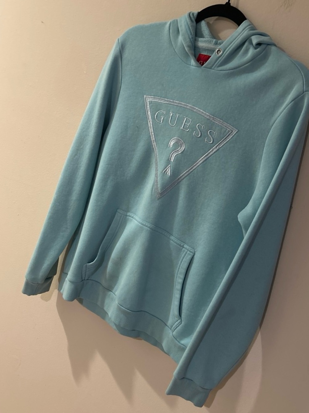 GUESS Men's Light Blue Crewneck Hoodie with Embroidered Logo